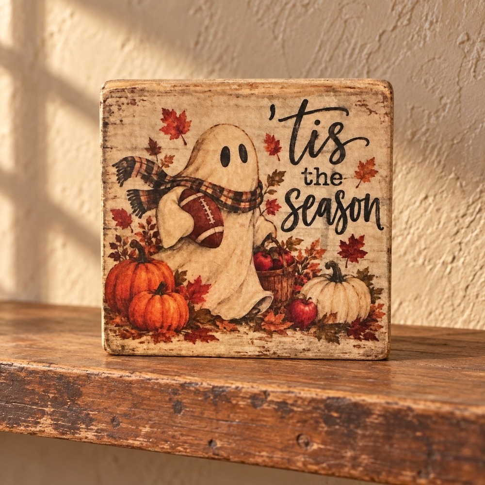 Handmade Rustic Fall Ghost Football Wood Block Sign Tis The Season 4x4x1.5